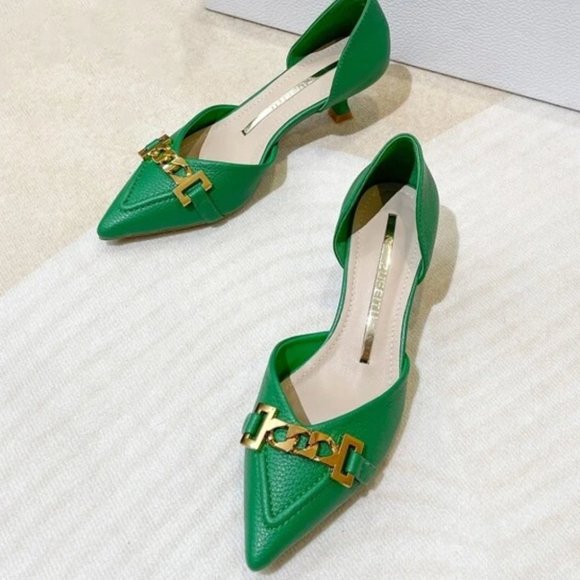 Green Chain Detail Pumps Heels - Picture 2 of 6